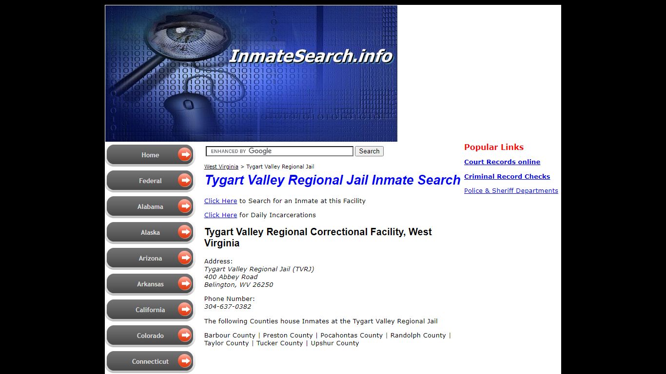 Tygart Valley Regional Jail inmate search in WV