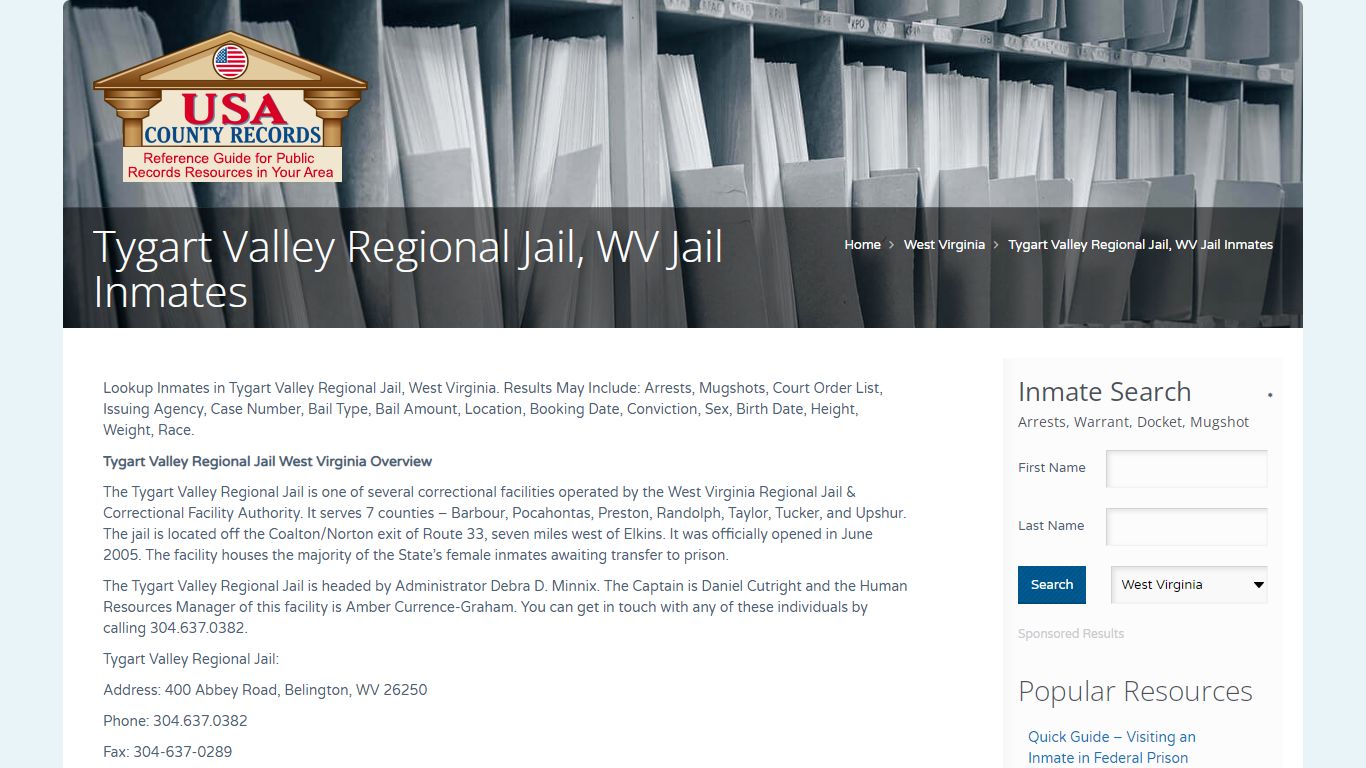 Tygart Valley Regional Jail, WV Jail Inmates | Name Search